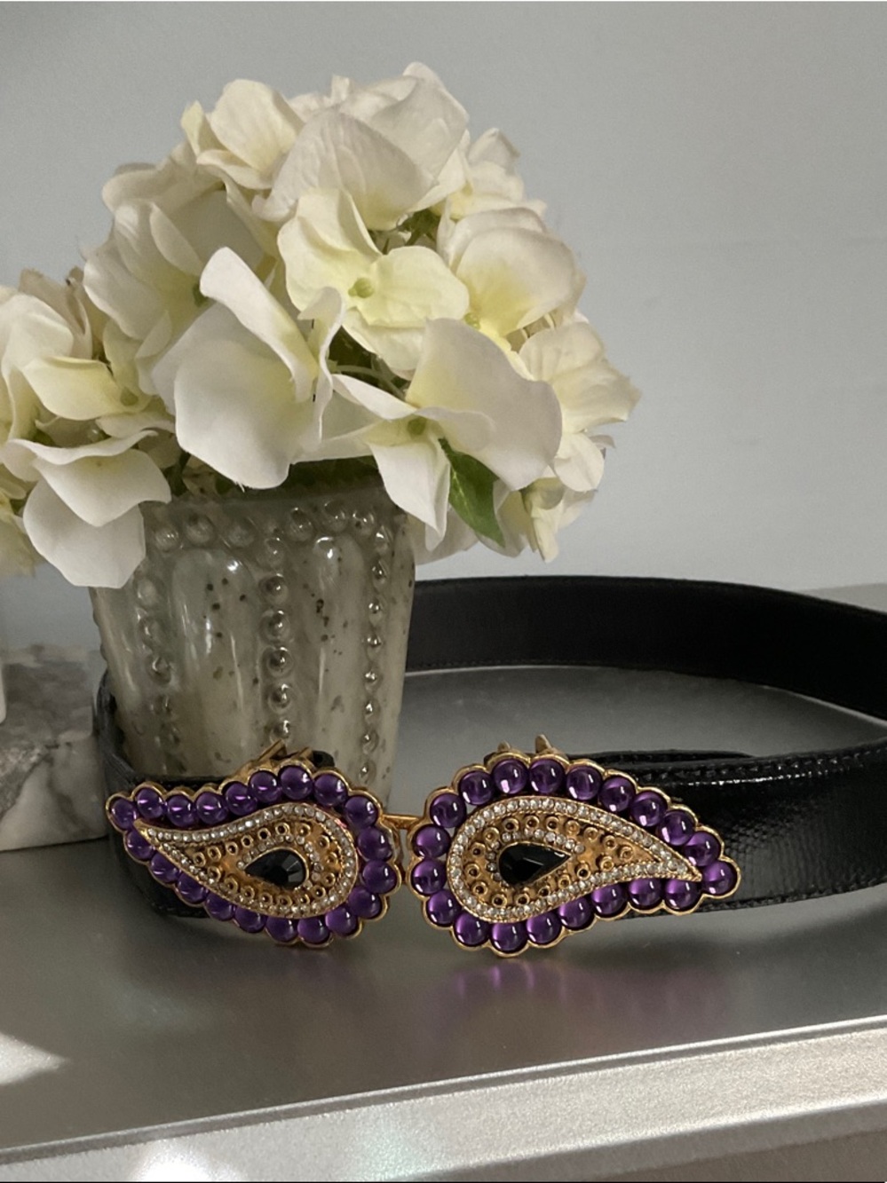 Carlisle Black Leather Belt with Purple and Gold Paisley Buckles